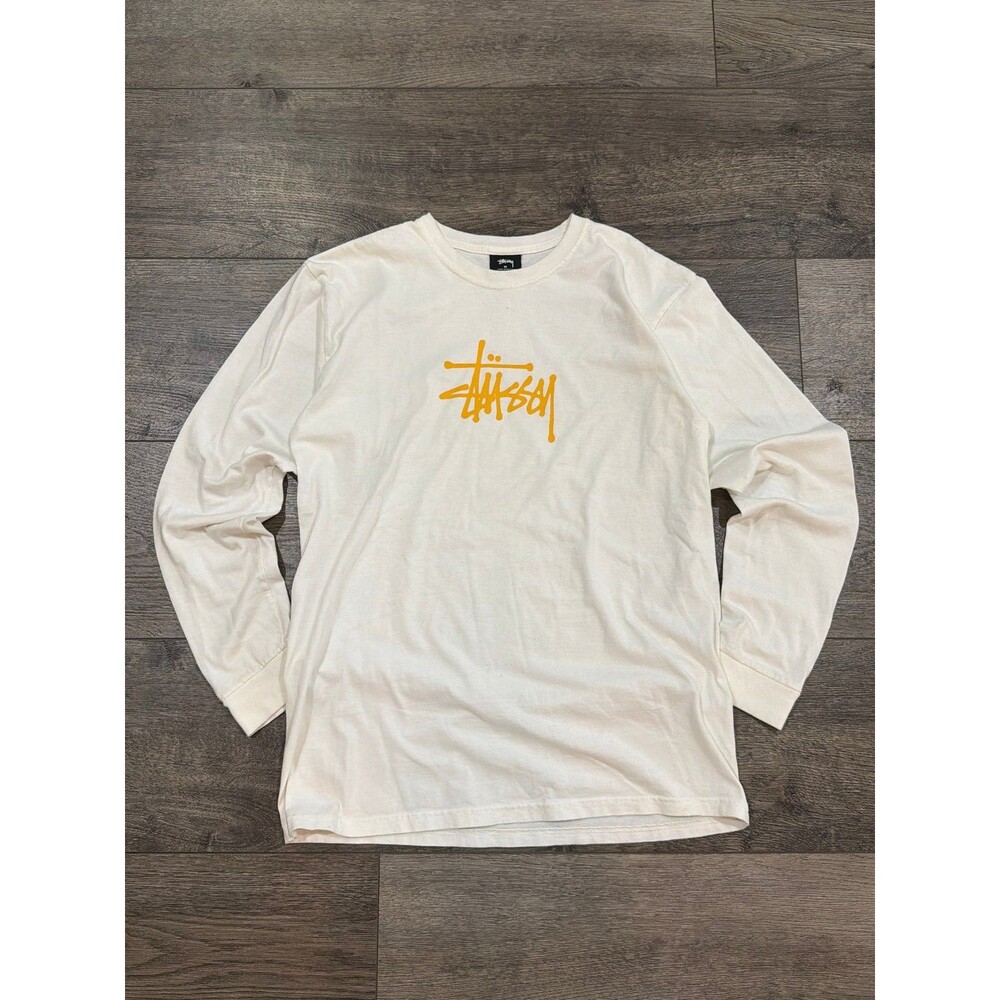 Stussy Basic Logo Long Sleeve T-Shirt Men's Size M Cream Orange Crew Neck